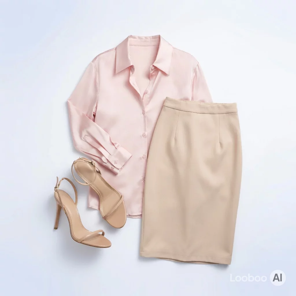 Camicetta rosa pallido e gonna a matita beige 10