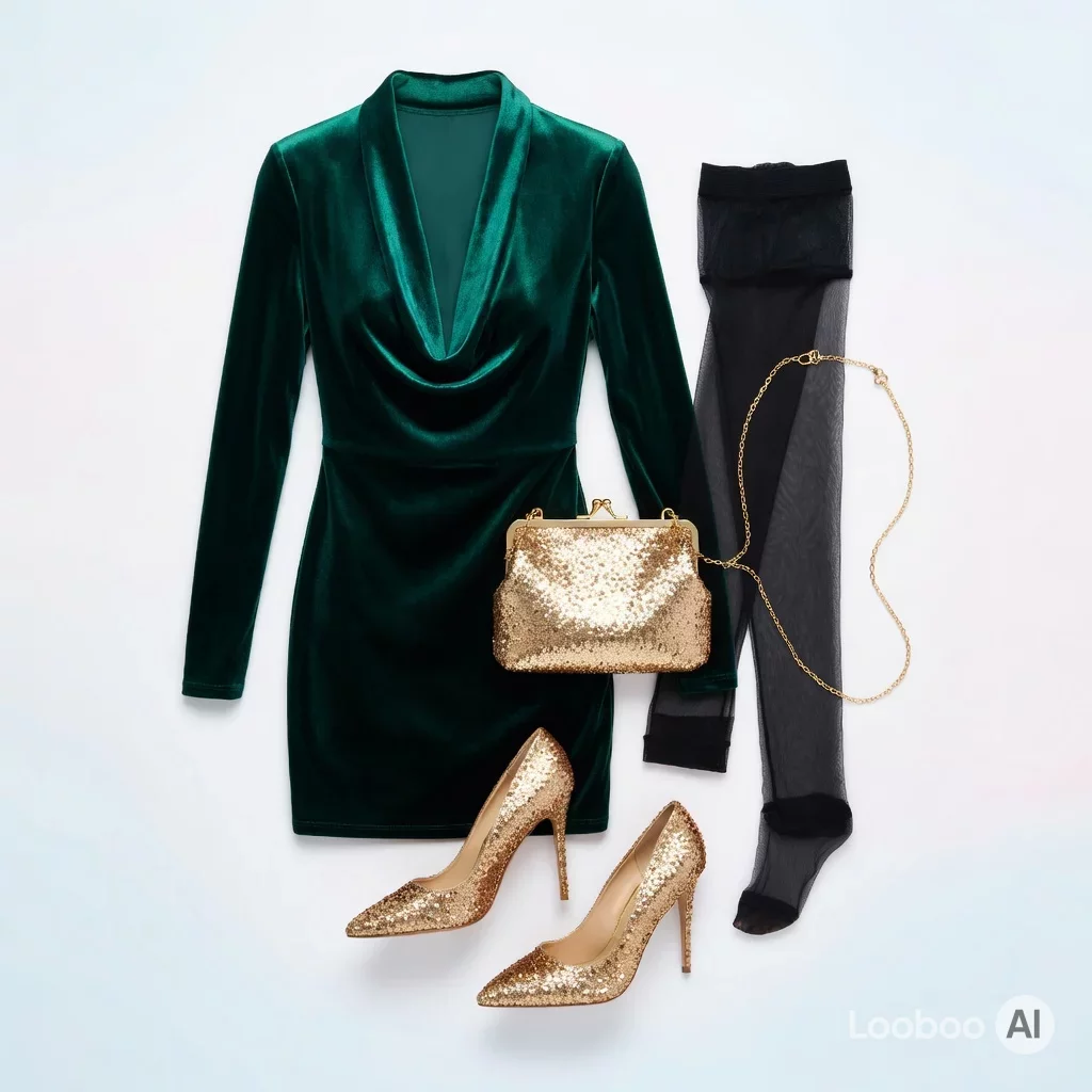 Emerald Velvet Mini Dress with Gold Sequins