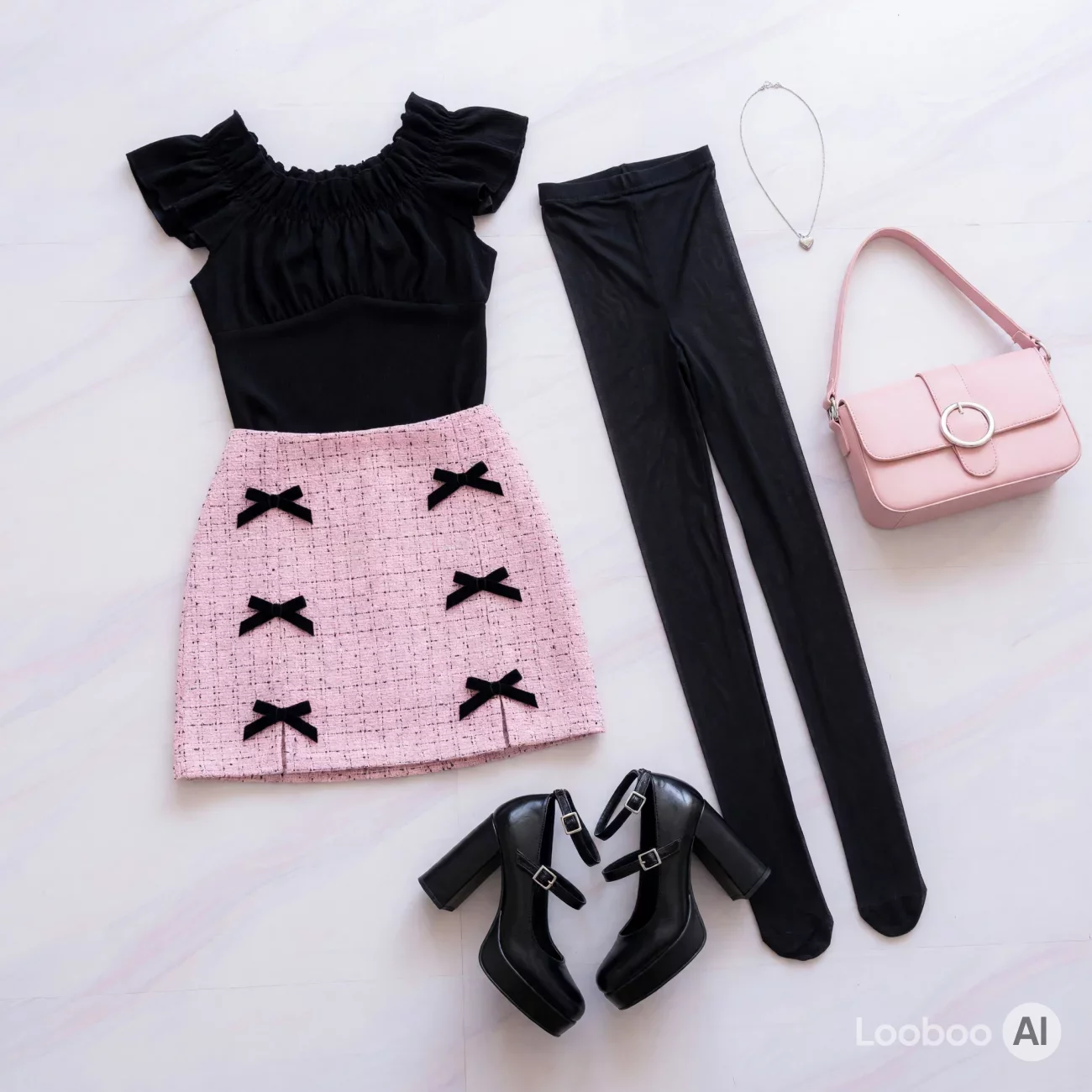 Coquette Black Top and Pink Bow Skirt Ensemble