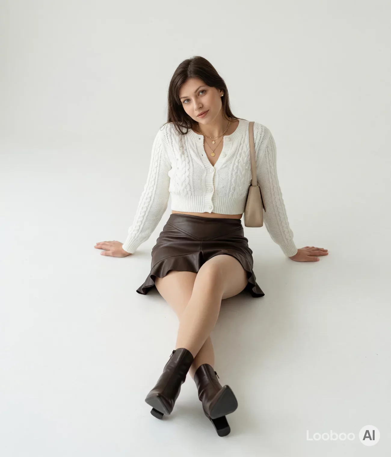 화이트 크롭 카디건과 브라운 레더 미니 스커트 30