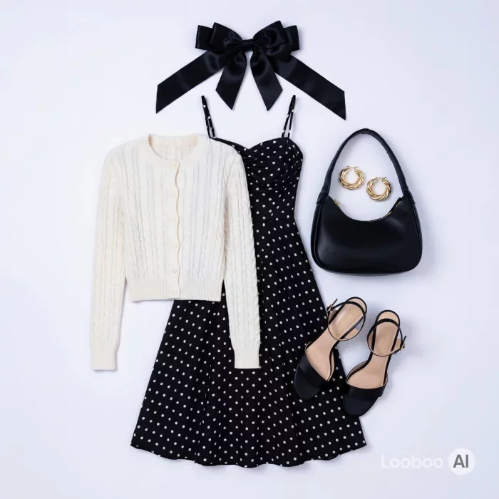 Polka Dot Romance: Midi Dress & Cable Cardigan ๐