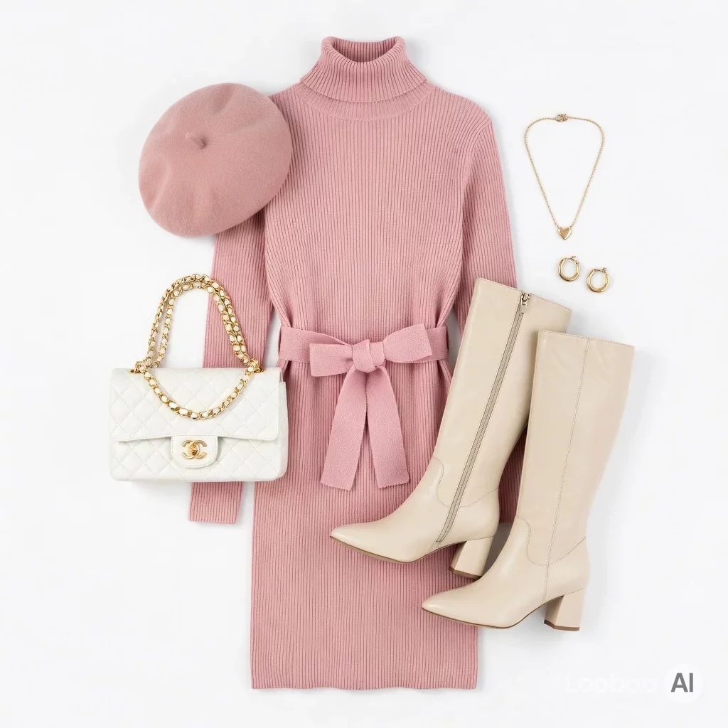 Conjunto de vestido de punto rosa blush con cuello alto