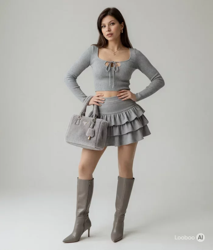 Gray Monochrome Cutout Top and Ruffle Skirt Outfit 60