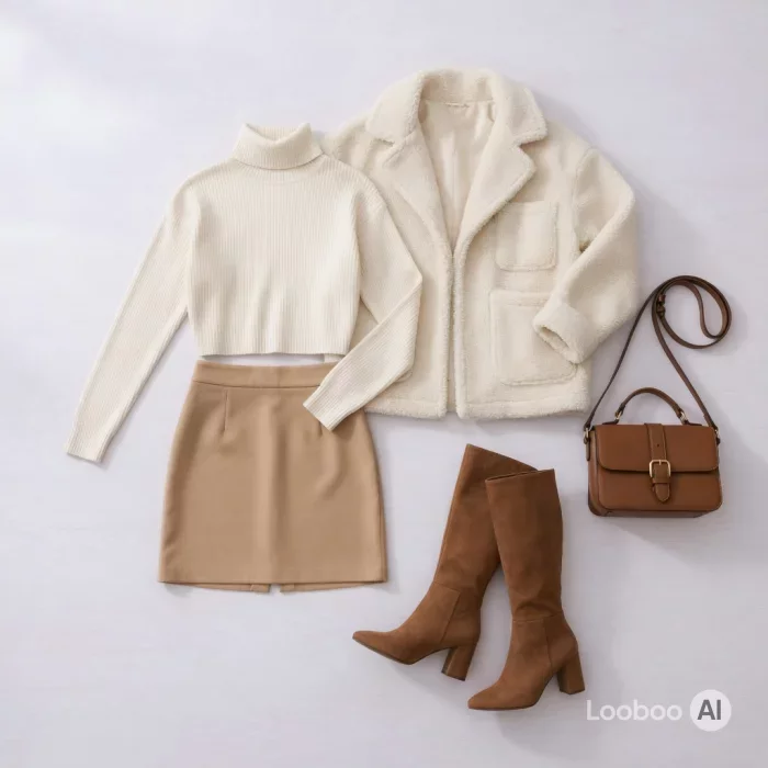Look dolcevita crema e minigonna beige