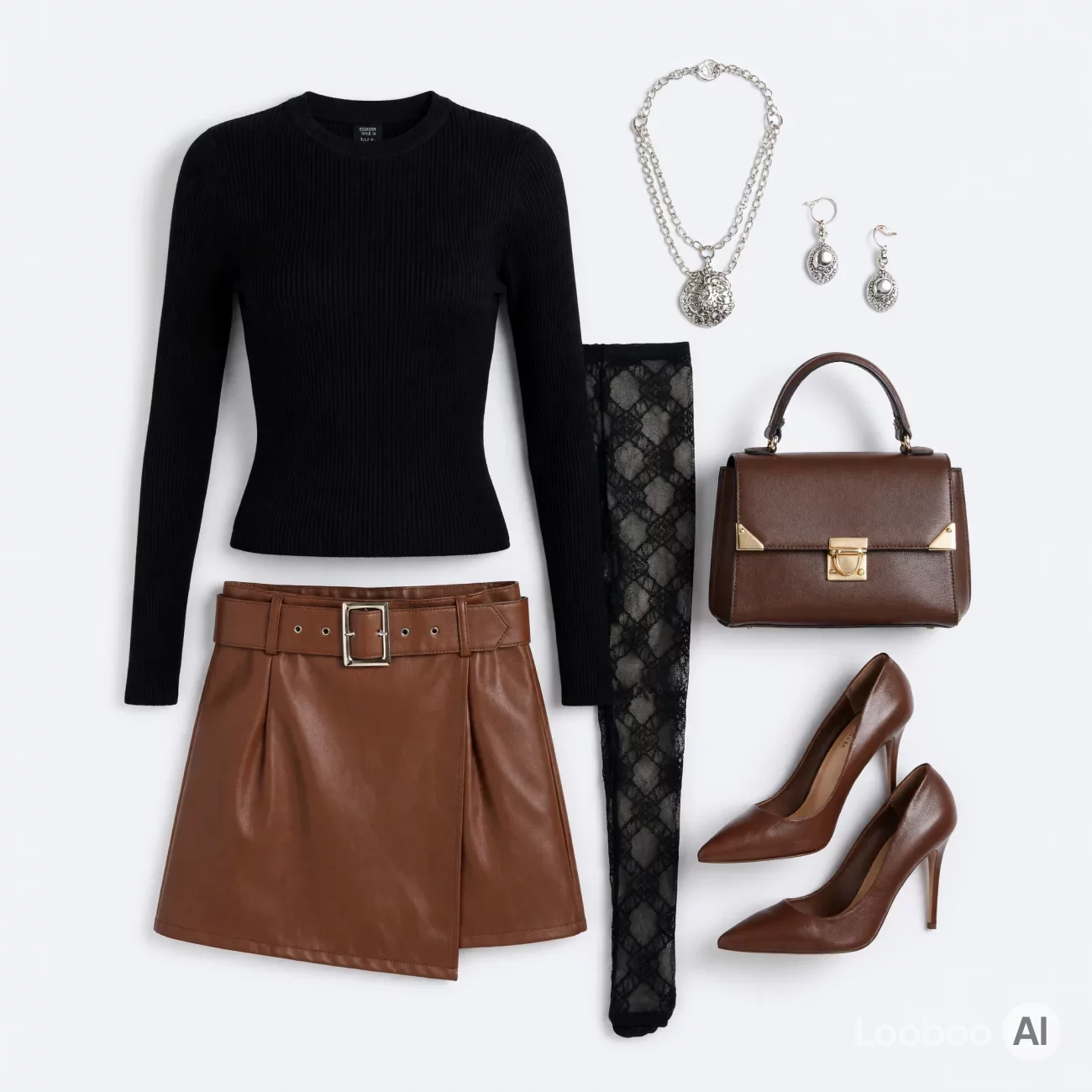 Black Ribbed Top with Brown Leather Mini Skirt