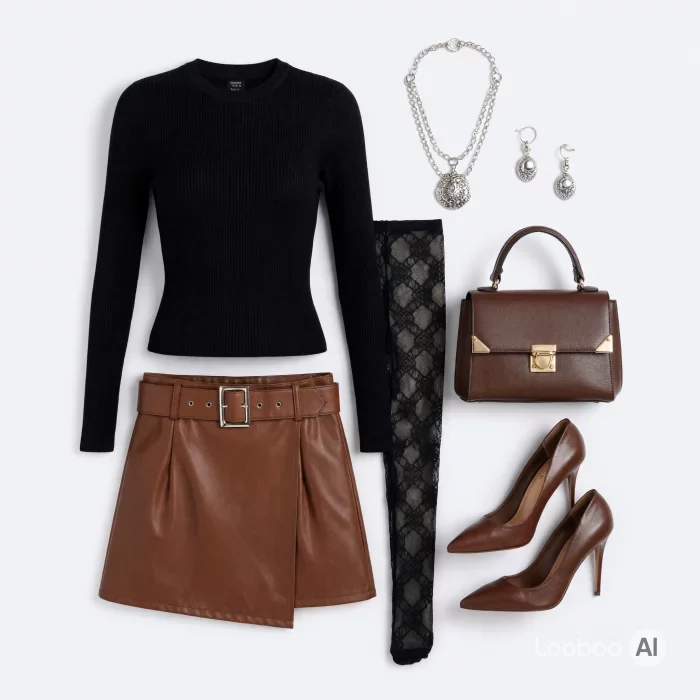 Black Ribbed Top with Brown Leather Mini Skirt 10
