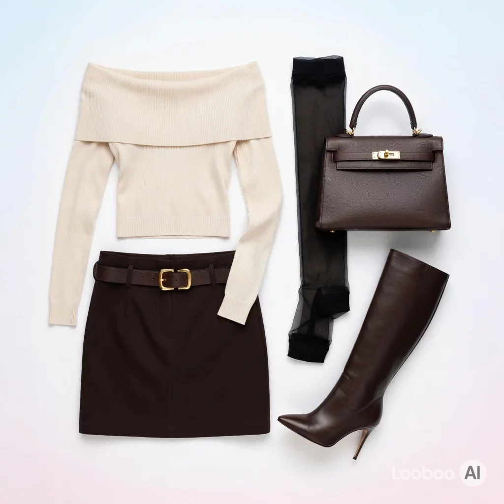 Look de suéter ombro caído luxo silencioso