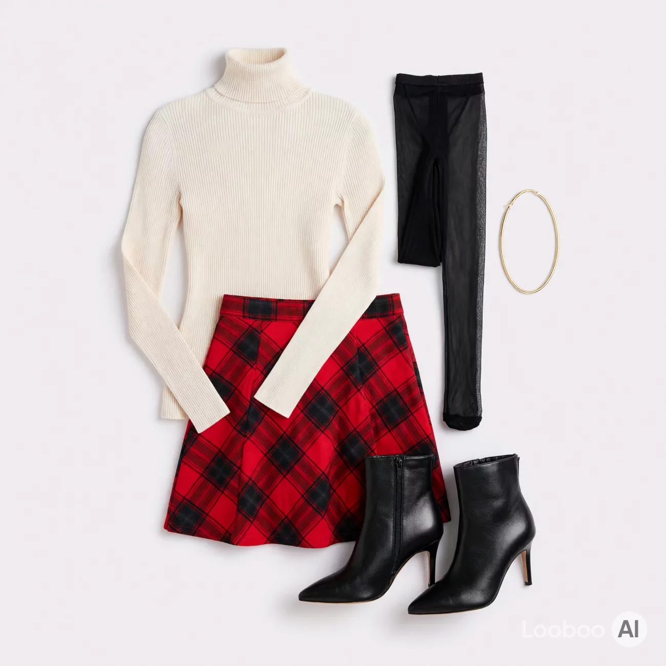 Cream Turtleneck with Red Plaid Mini Skirt