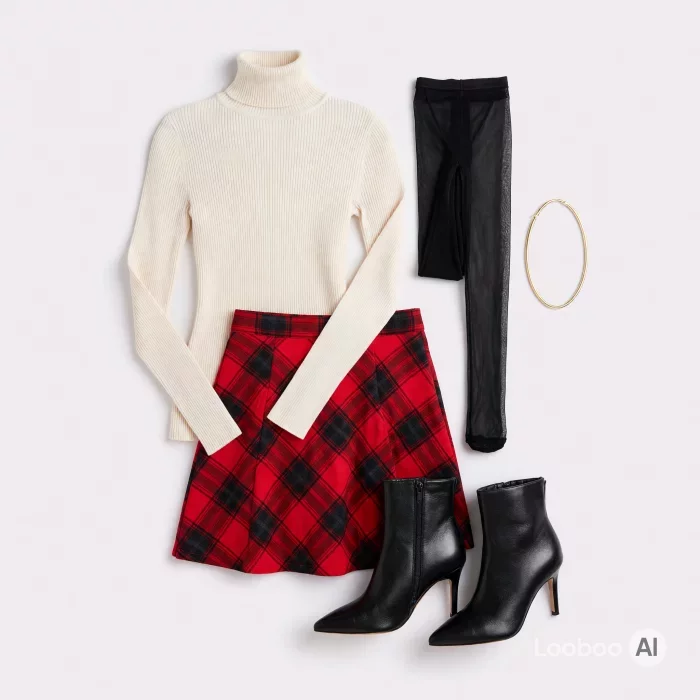 Cream Turtleneck with Red Plaid Mini Skirt 30