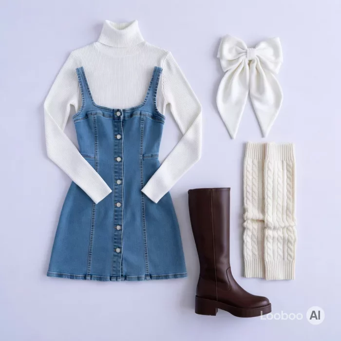 Blue Denim Mini Dress Over White Turtleneck with Brown Knee-High Boots