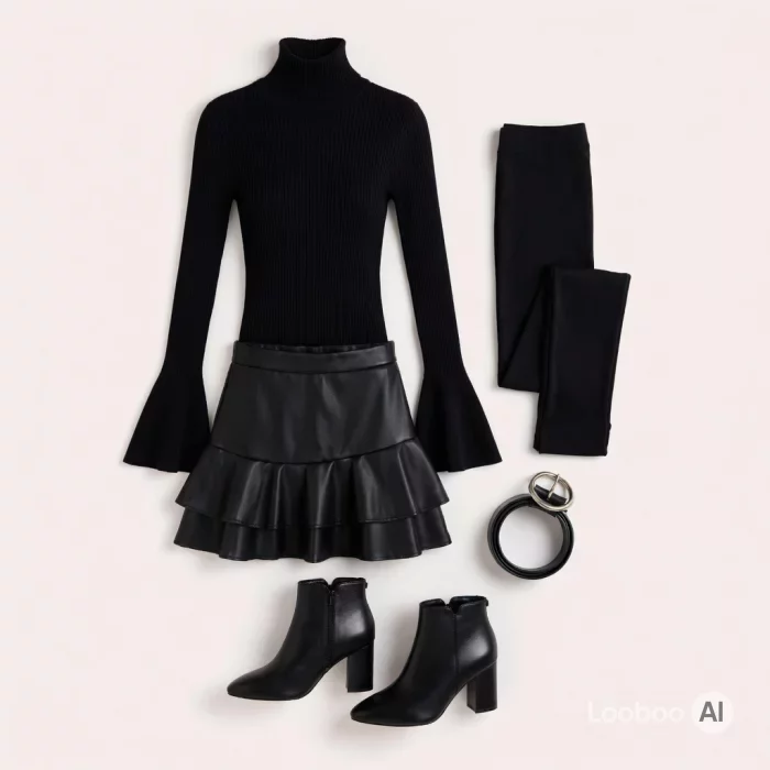 Black Ribbed Turtleneck with Ruffled Mini Skirt