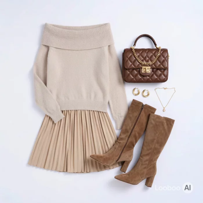 Soft Beige Off-Shoulder Knit & Pleated Dream