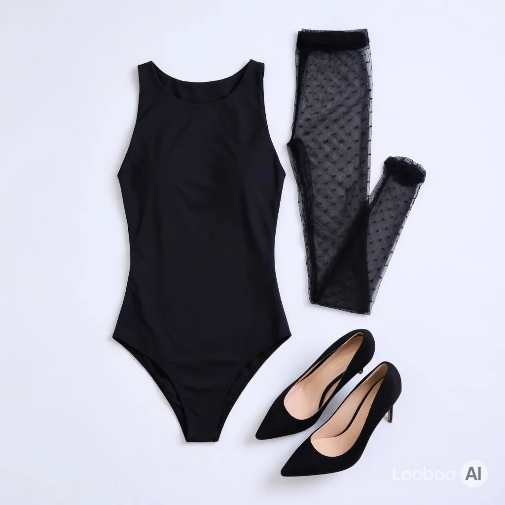 Schwarzer Bodysuit und Gepunktete Strumpfhosen 10