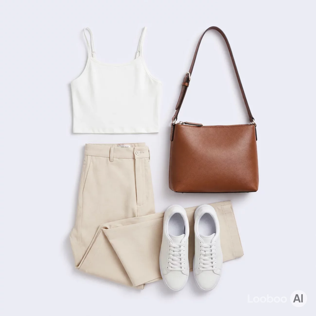 White Crop Tank Top and Beige Wide-Leg Trousers