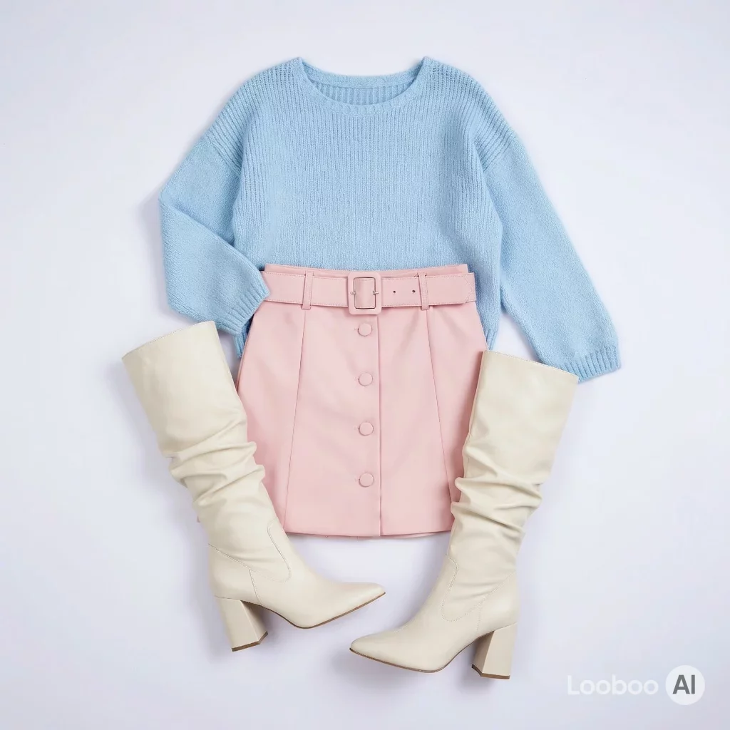 Light Blue Knit Sweater with Pink Mini Skirt