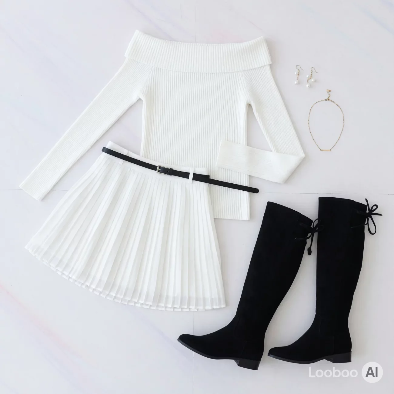 White Off-Shoulder Knit Ensemble with Bold Black Boots