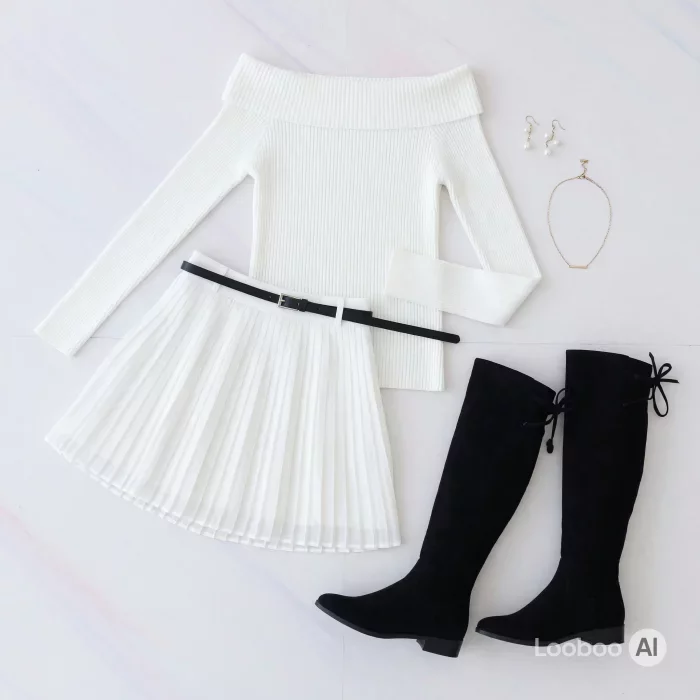 White Off-Shoulder Knit Ensemble with Bold Black Boots
