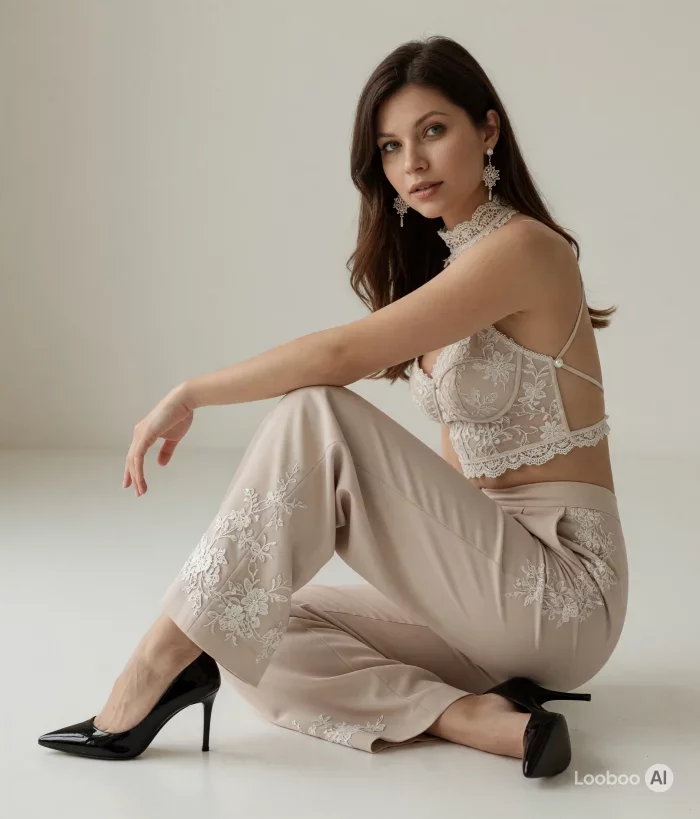 Romantic Beige Lace Two-Piece Ensemble 30