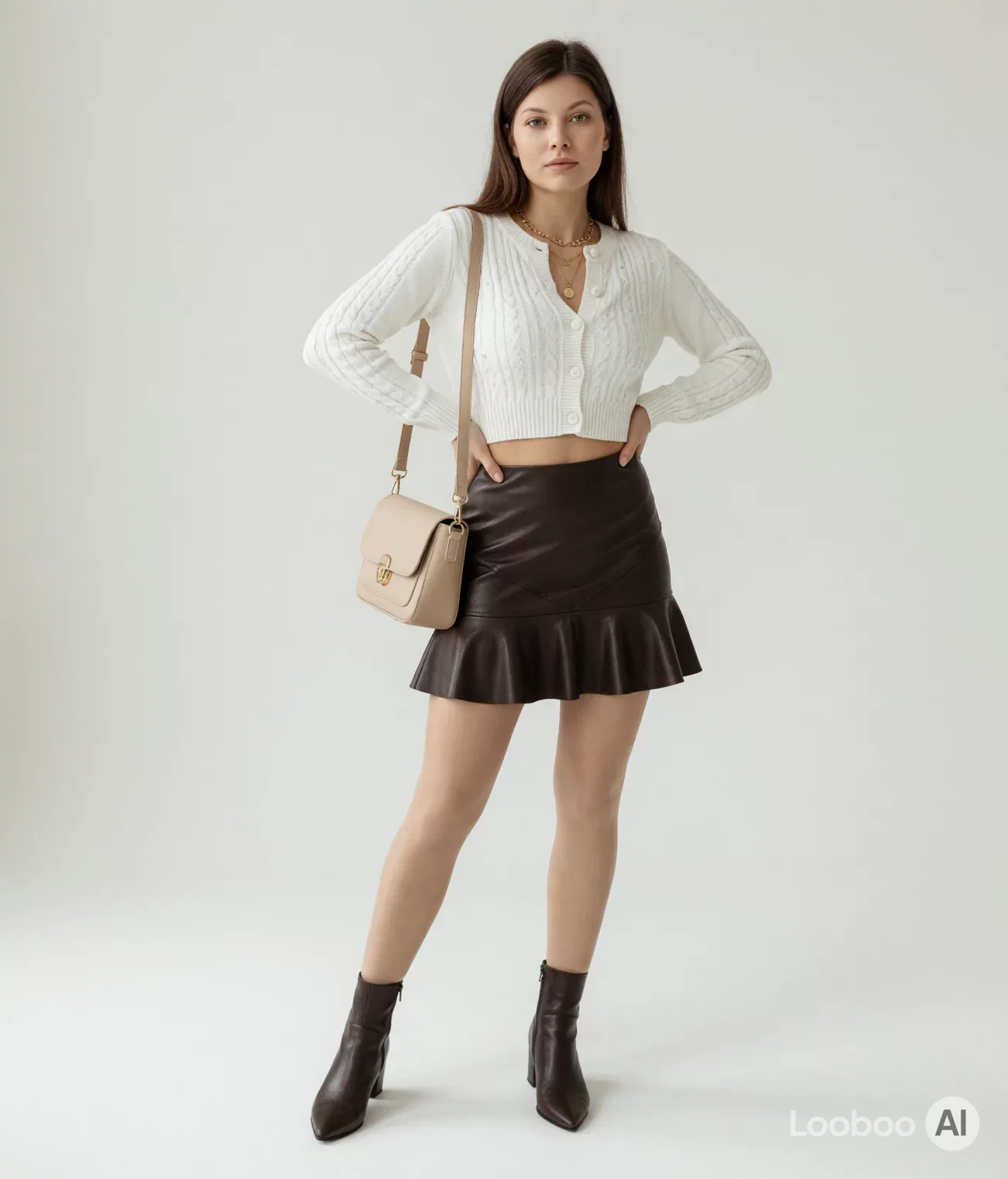화이트 크롭 카디건과 브라운 레더 미니 스커트 60