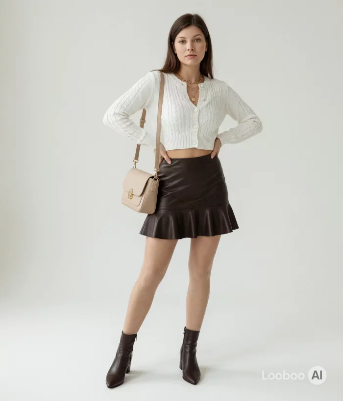 화이트 크롭 카디건과 브라운 레더 미니 스커트 60