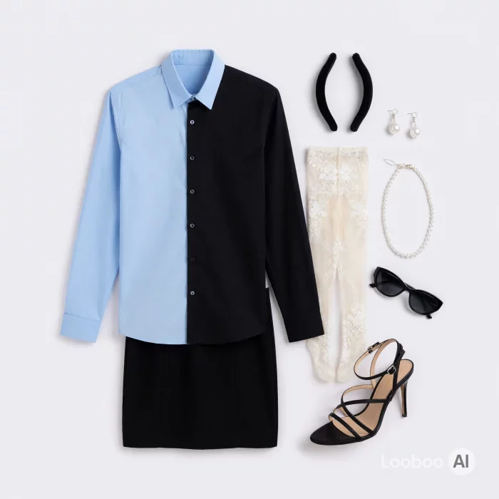 Ensemble chemise bicolore et jupe mini noire