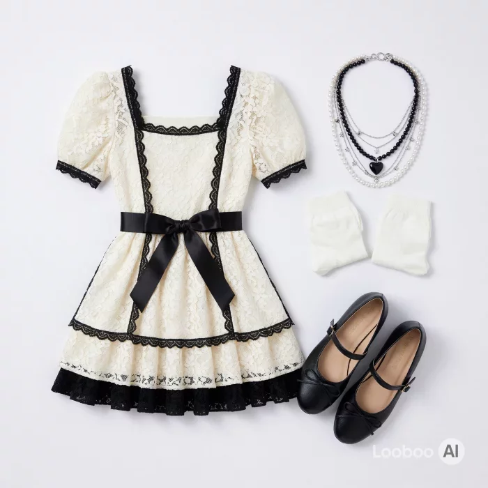 Coquette Outfit mit cremefarbenem Spitzen-Minikleid 10