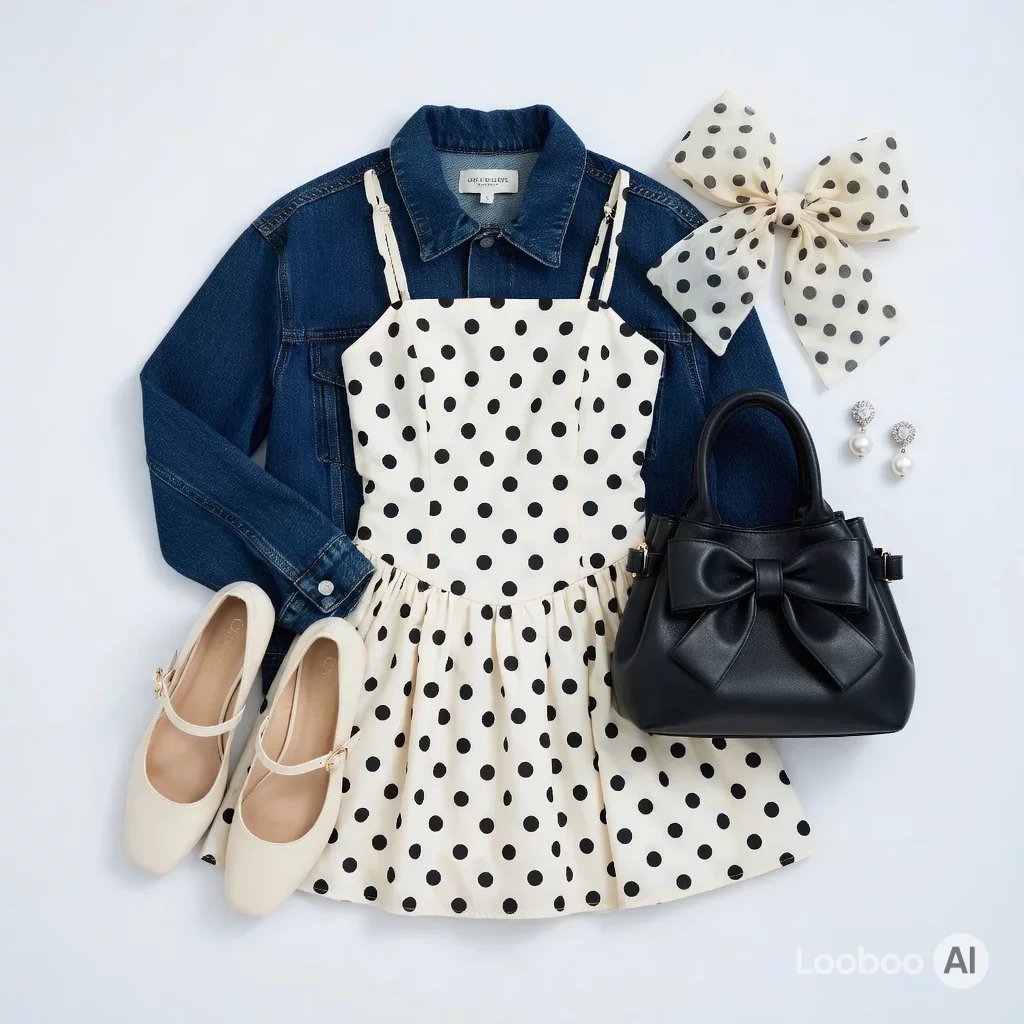 Vestido mini coquette de bolinhas com borda denim