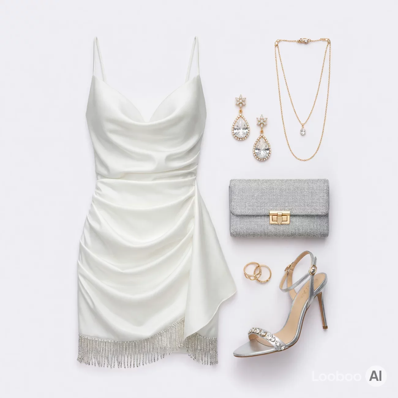 Glamorous White Satin Fringe Mini Dress for Elegant Evenings