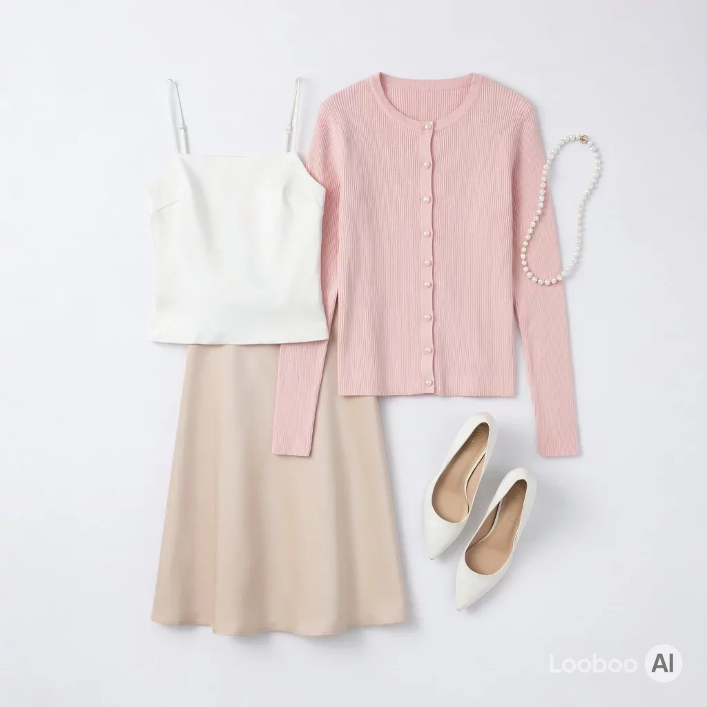 Soft Old Money Elegance: Blush Cardigan & Beige Midi Dream