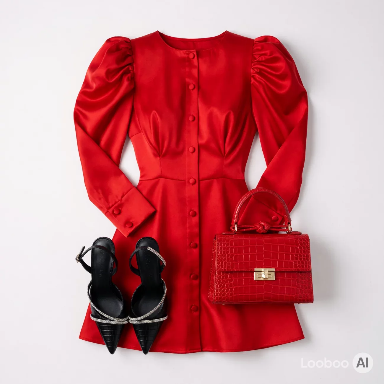 Vibrant Red Satin Mini Dress Ensemble