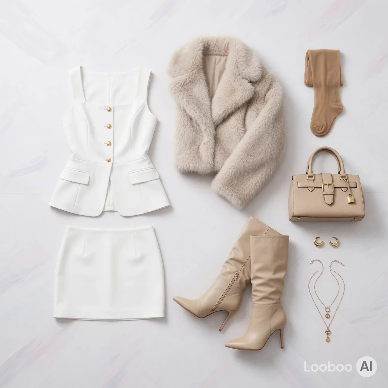 White Fur Jacket Ensemble
