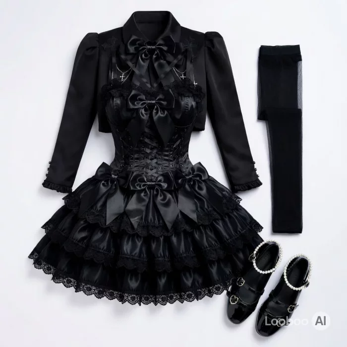 Schwarzes Gothic-Lolita-Kleid mit Bolero