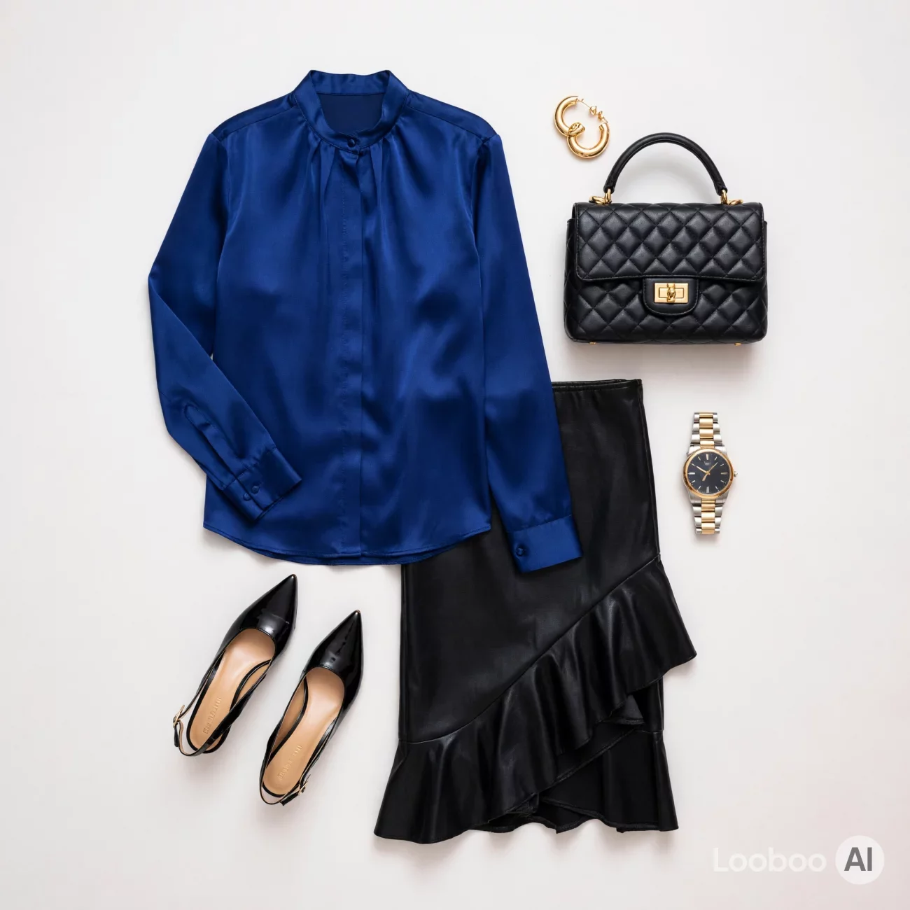 Blue Satin Blouse with Black Ruffled Leather Skirt