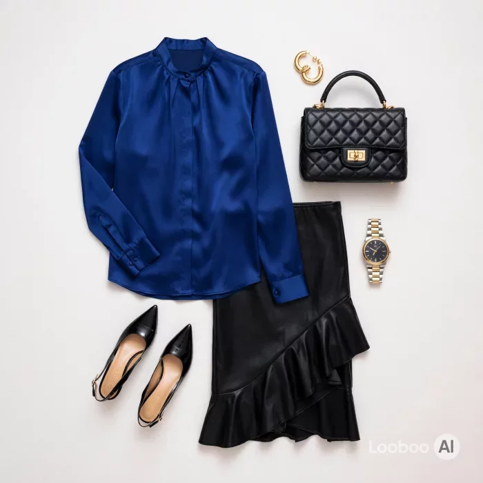 Blaue Satinbluse mit schwarzem Rüschenlederrock