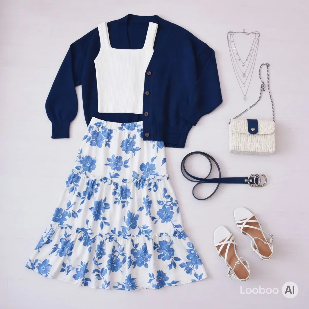 Romantic Navy Cardigan & Floral Skirt Ensemble