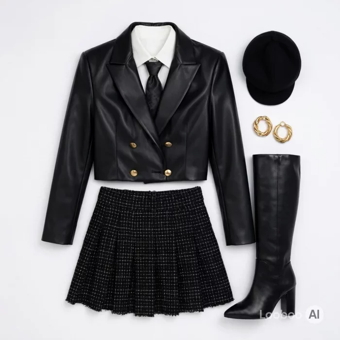 Schwarzer Lederblazer mit Tweedrock