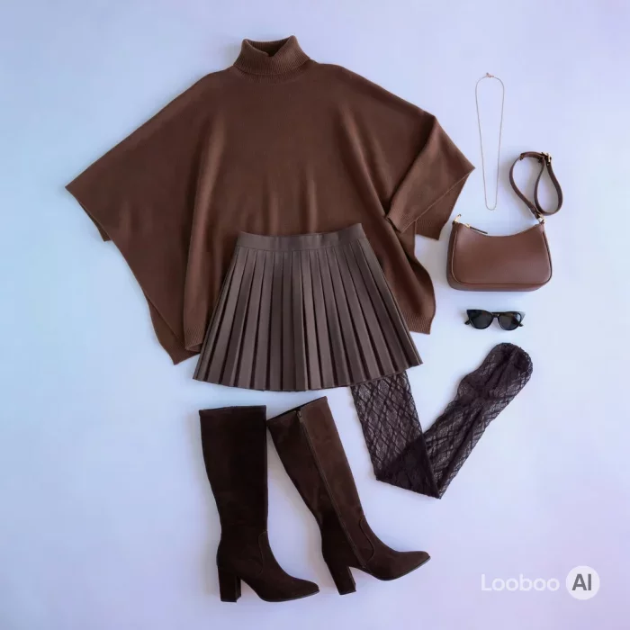 Brauner Rollkragen-Poncho-Pullover mit Plisseerock