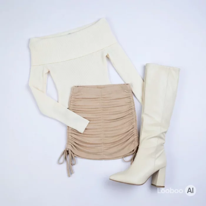 Cremefarbener Off-Shoulder-Strickpullover & beiger gerüschter Minirock