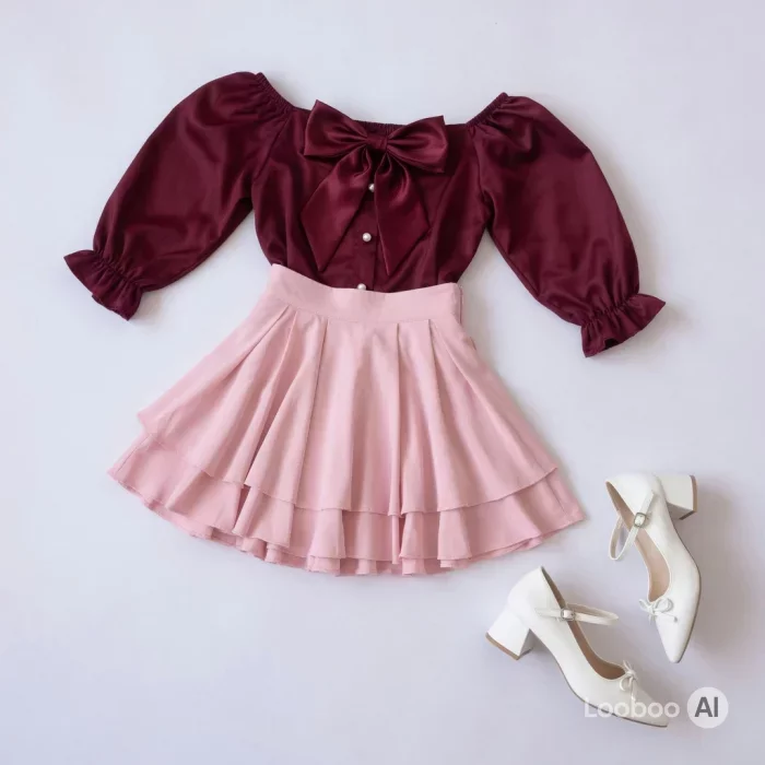 Soft Girly Burgundy Bow Top & Pink Skater Skirt