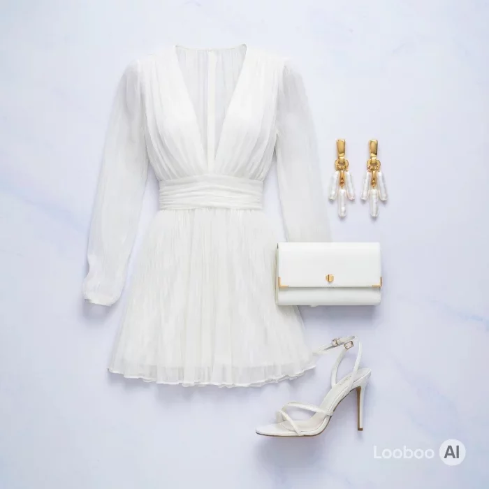 Romantischer weißer Minikleid-Look mit tiefem Ausschnitt