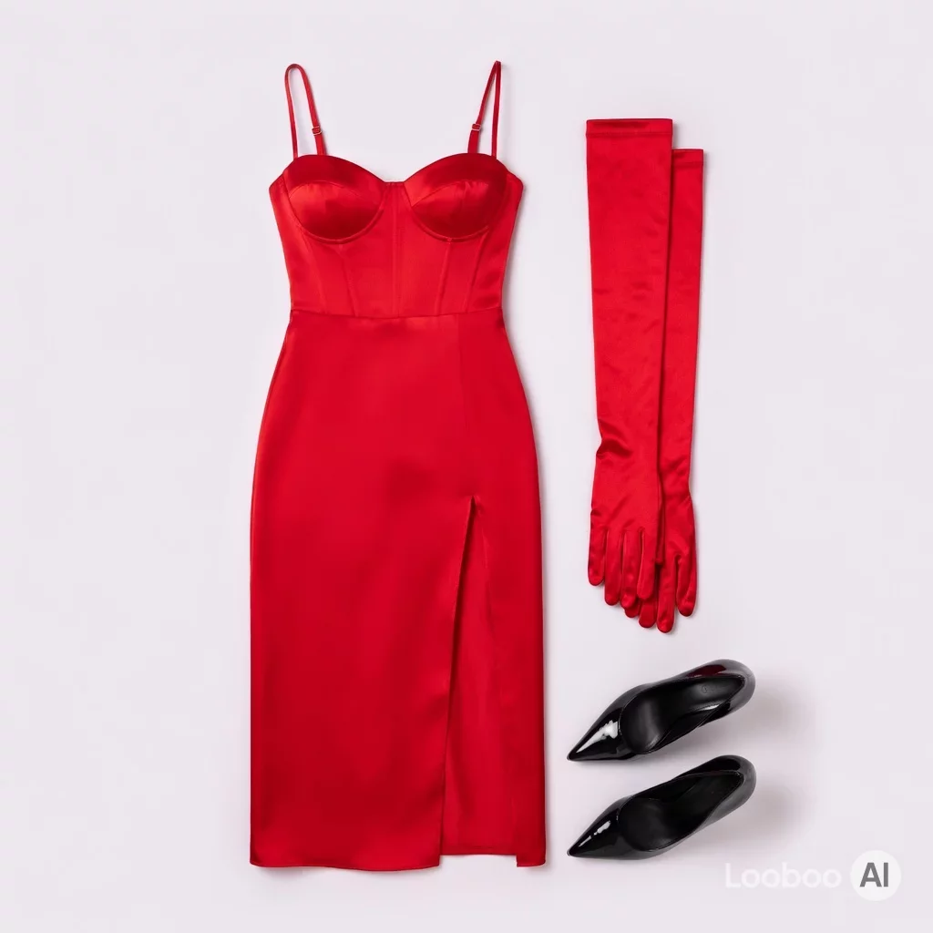 Rotes Satin-Midikleid mit Opernhandschuhen 10