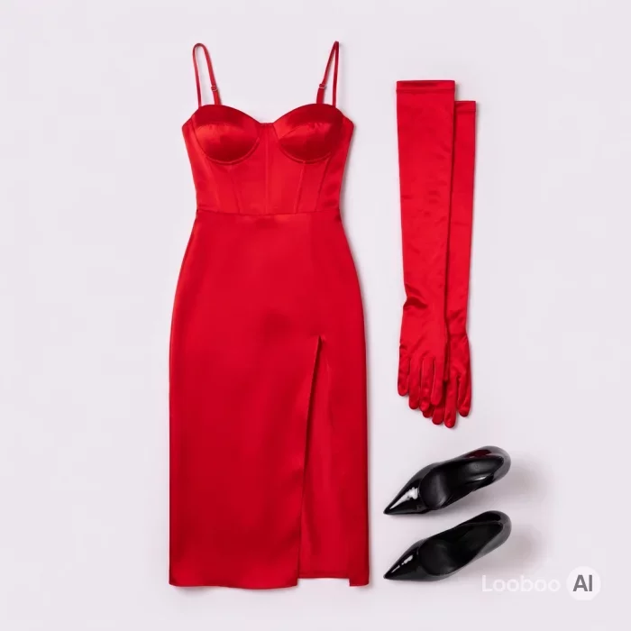 Red Satin Midi Dress with Opera Gloves