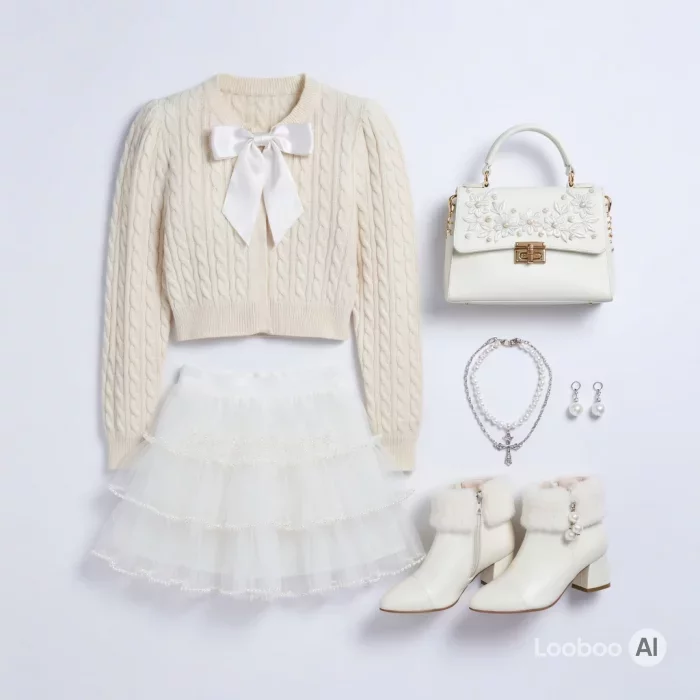 Cardigã Coquette com Laço & Saia de Tule com Pérolas ✨