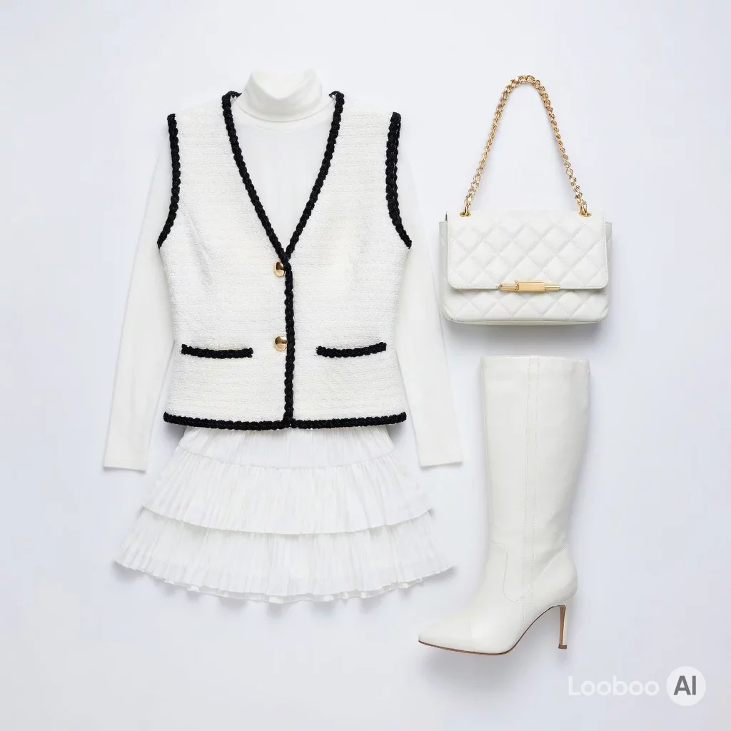 Quiet Luxury White Pleated Ensemble with Tweed Vest
