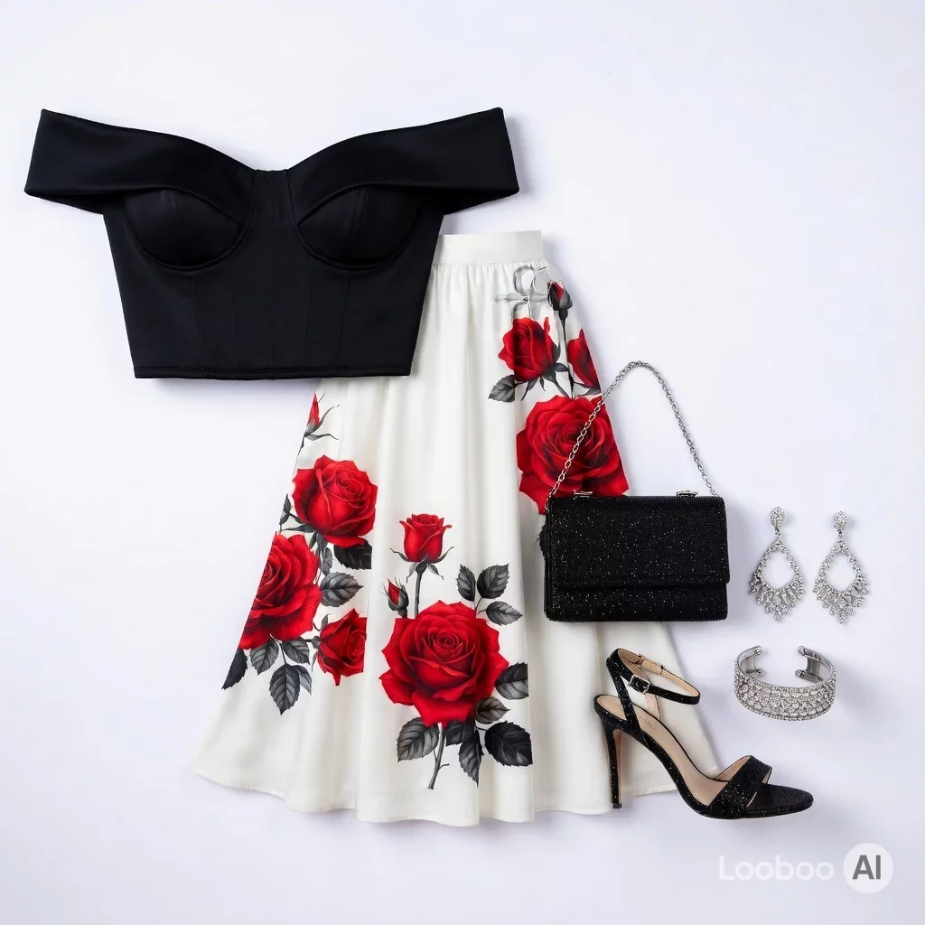 Schwarzes Off-Shoulder-Top mit rotem Blumenrock 20