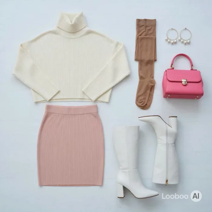 Cream Turtleneck & Pink Knit Mini Skirt