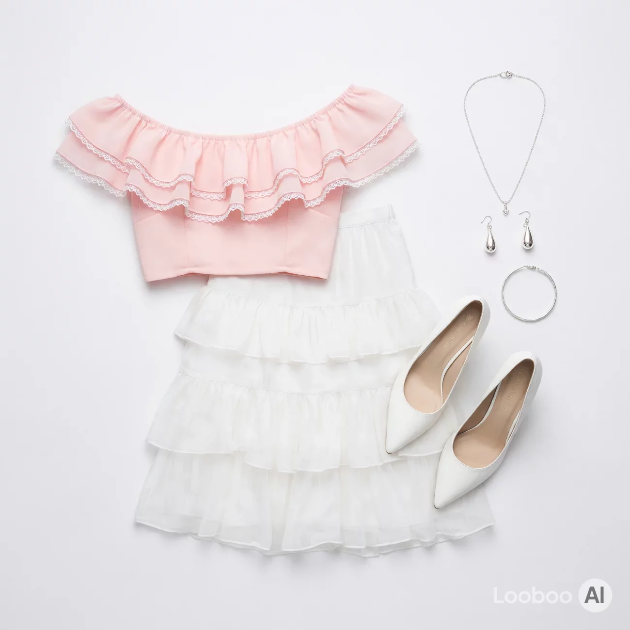 Blush Pink Ruffled Crop Top with White Tiered Skirt