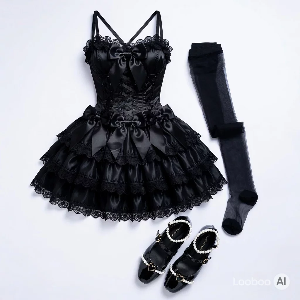 Vestido Lolita preto com ombros abertos 170