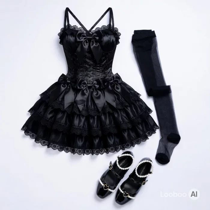 Schwarzes Lolita-Kleid mit offenen Schultern