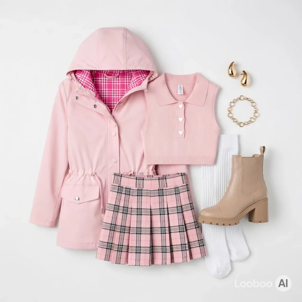 Look coquette rosa xadrez em camadas